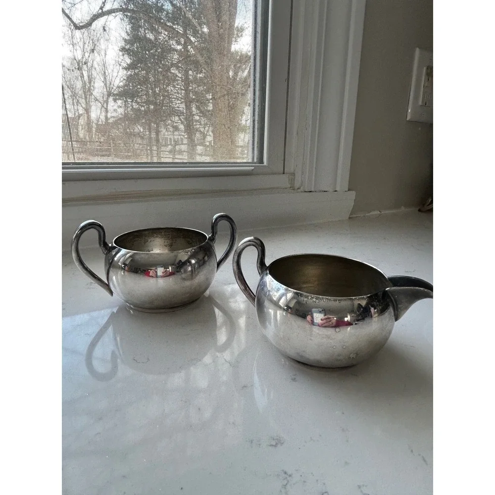 Vintage Silver‎ on Copper Sugar Bowl and Creamer Set Academy